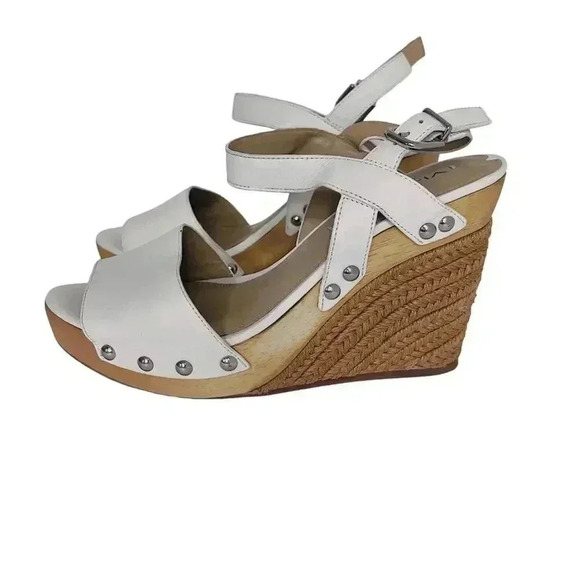 Via Spiga Shoes - Via Spiga White Leather Wedges Woven Sandal Heels Women's Size 8